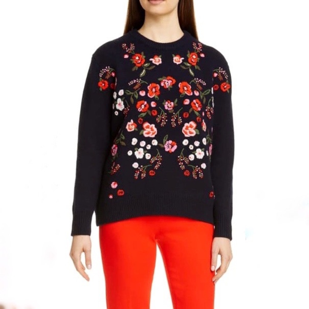 Lela Rose Floral Embroidered Cashmere Sweater